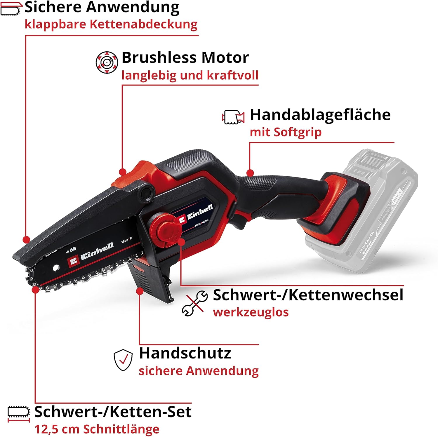 Einhell Akku-Astkettensäge GE-PS 18/15 Li BL-Solo, 18V, 12,5 cm, ohne Akku