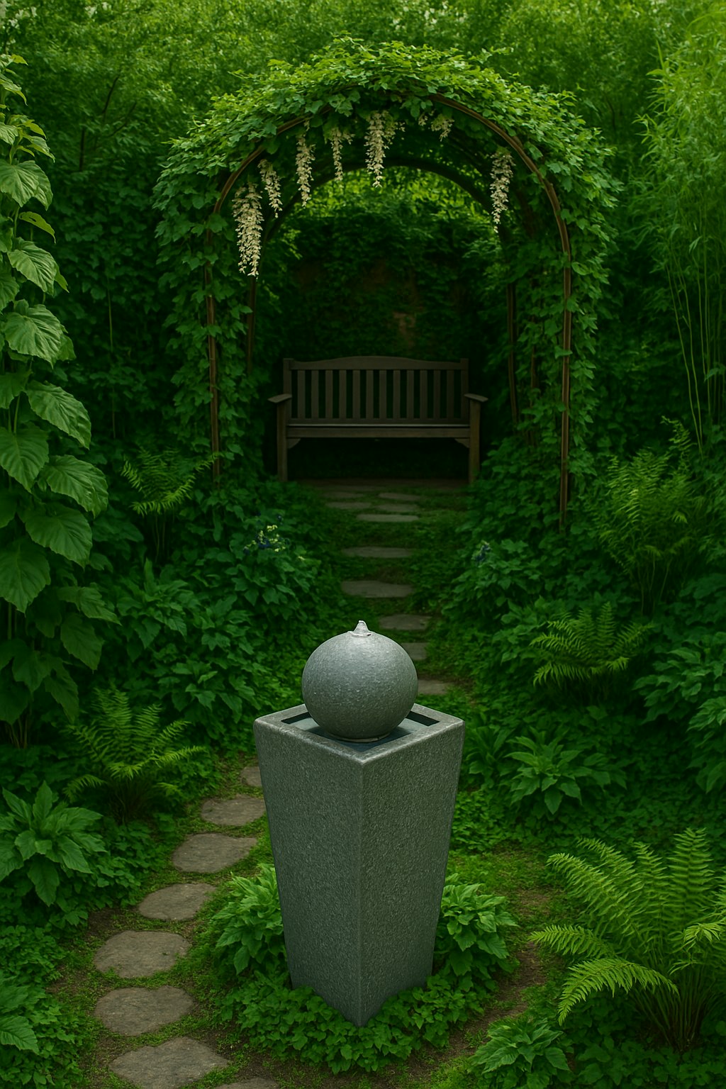 Gartenbrunnen mit LED-Beleuchtung – Kugel- und Säulenform, selbstversorgend für Außenbereich
